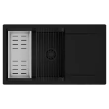 HD Onyx Black 86-XL egymedencés mosogatótálca szett, matt fekete csepegtetőráccsal és krómozott kosárral, csepegtetőtálcával, matt fekete színben, matt fekete leeresztő szifonnal