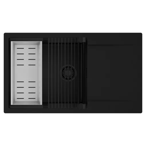 HD Onyx Black 86-XL egymedencés mosogatótálca szett, matt fekete csepegtetőráccsal és krómozott kosárral, csepegtetőtálcával, matt fekete színben, matt fekete leeresztő szifonnal