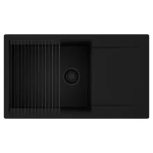 HD Onyx Black 86-XL egymedencés mosogatótálca szett, matt fekete csepegtetőráccsal, csepegtetőtálcával, matt fekete színben, matt fekete leeresztő szifonnal