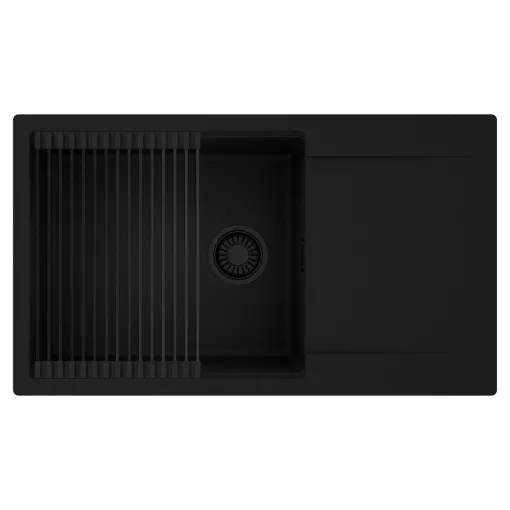 HD Onyx Black 86-XL egymedencés mosogatótálca szett, matt fekete csepegtetőráccsal, csepegtetőtálcával, matt fekete színben, matt fekete leeresztő szifonnal