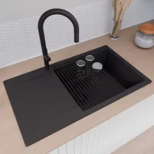 HD Onyx Black 86-XL egymedencés mosogatótálca szett, matt fekete csepegtetőráccsal, csepegtetőtálcával, matt fekete színben, matt fekete leeresztő szifonnal