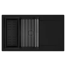 HD Onyx Black 86-XL egymedencés mosogatótálca szett, acél csepegtetőráccsal és matt fekete kosárral, csepegtetőtálcával, matt fekete színben, matt fekete leeresztő szifonnal