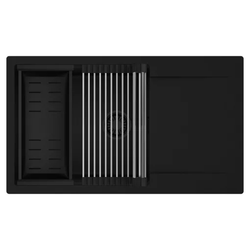 HD Onyx Black 86-XL egymedencés mosogatótálca szett, acél csepegtetőráccsal és matt fekete kosárral, csepegtetőtálcával, matt fekete színben, matt fekete leeresztő szifonnal