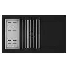 HD Onyx Black 86-XL egymedencés mosogatótálca szett, acél csepegtetőráccsal és kosárral, csepegtetőtálcával, matt fekete színben, matt fekete leeresztő szifonnal