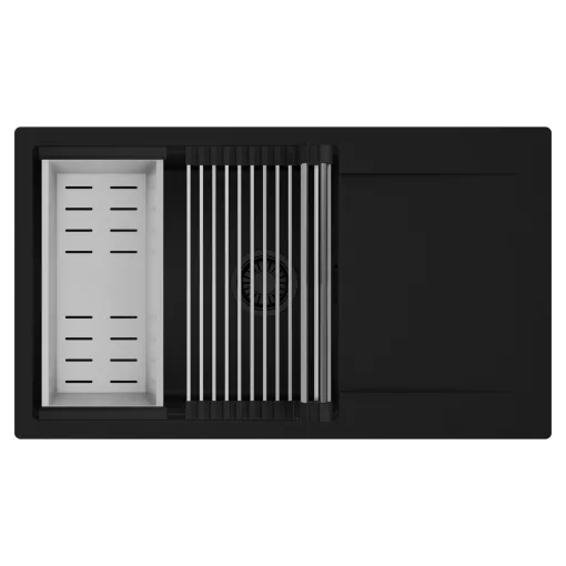 HD Onyx Black 86-XL egymedencés mosogatótálca szett, acél csepegtetőráccsal és kosárral, csepegtetőtálcával, matt fekete színben, matt fekete leeresztő szifonnal