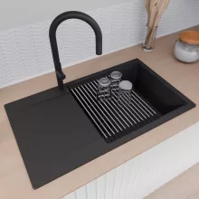 HD Onyx Black 86-XL egymedencés mosogatótálca szett, acél csepegtetőráccsal és kosárral, csepegtetőtálcával, matt fekete színben, matt fekete leeresztő szifonnal