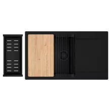 HD Onyx Black 86-XL egymedencés gránit mosogatótálca szett, csepegtetőtálcával, vágódeszkával, matt fekete csepegtetőráccsal és kosárral, matt fekete színben, matt fekete leeresztő szifonnal