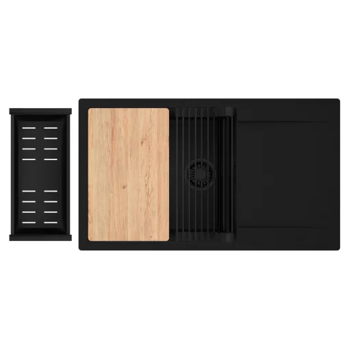 HD Onyx Black 86-XL egymedencés gránit mosogatótálca szett, csepegtetőtálcával, vágódeszkával, matt fekete csepegtetőráccsal és kosárral, matt fekete színben, matt fekete leeresztő szifonnal