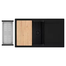 HD Onyx Black 86-XL egymedencés gránit mosogatótálca szett, csepegtetőtálcával, vágódeszkával, matt fekete csepegtetőráccsal és krómozott kosárral, matt fekete színben, matt fekete leeresztő szifonnal