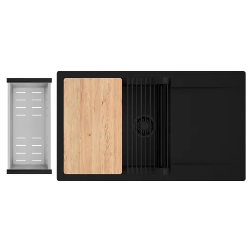 HD Onyx Black 86-XL egymedencés gránit mosogatótálca szett, csepegtetőtálcával, vágódeszkával, matt fekete csepegtetőráccsal és krómozott kosárral, matt fekete színben, matt fekete leeresztő szifonnal