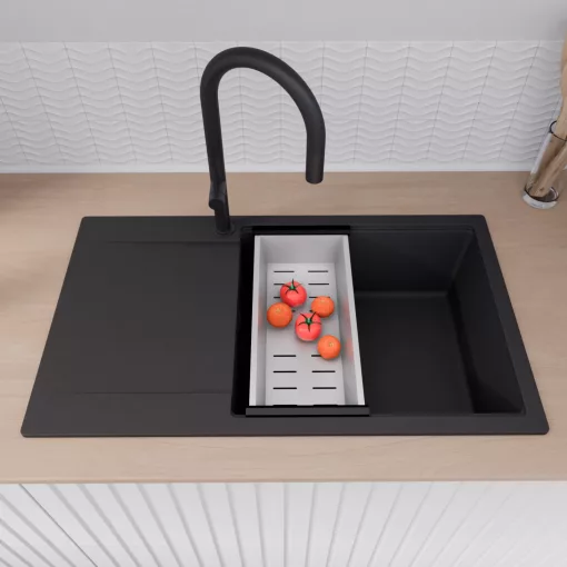 HD Onyx Black 86-XL egymedencés gránit mosogatótálca szett, csepegtetőtálcával, vágódeszkával, matt fekete csepegtetőráccsal és krómozott kosárral, matt fekete színben, matt fekete leeresztő szifonnal