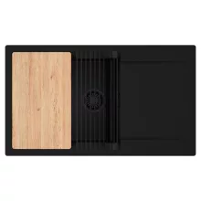 HD Onyx Black 86-XL egymedencés gránit mosogatótálca szett, csepegtetőtálcával, vágódeszkával, matt fekete csepegtetőráccsal, matt fekete színben, matt fekete leeresztő szifonnal