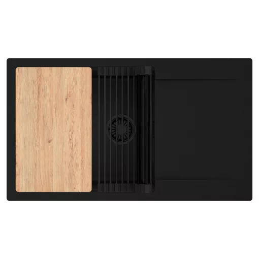 HD Onyx Black 86-XL egymedencés gránit mosogatótálca szett, csepegtetőtálcával, vágódeszkával, matt fekete csepegtetőráccsal, matt fekete színben, matt fekete leeresztő szifonnal