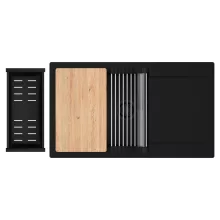 HD Onyx Black 86-XL egymedencés gránit mosogatótálca szett, csepegtetőtálcával, vágódeszkával, acél csepegtetőráccsal és matt fekete kosárral, matt fekete színben, matt fekete leeresztő szifonnal