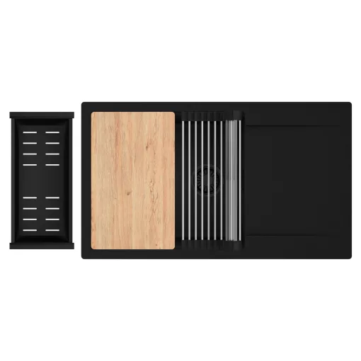 HD Onyx Black 86-XL egymedencés gránit mosogatótálca szett, csepegtetőtálcával, vágódeszkával, acél csepegtetőráccsal és matt fekete kosárral, matt fekete színben, matt fekete leeresztő szifonnal