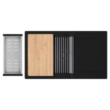 HD Onyx Black 86-XL egymedencés gránit mosogatótálca szett, csepegtetőtálcával, vágódeszkával, acél csepegtetőráccsal és kosárral, matt fekete színben, matt fekete leeresztő szifonnal