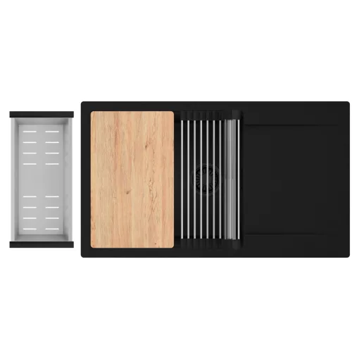 HD Onyx Black 86-XL egymedencés gránit mosogatótálca szett, csepegtetőtálcával, vágódeszkával, acél csepegtetőráccsal és kosárral, matt fekete színben, matt fekete leeresztő szifonnal