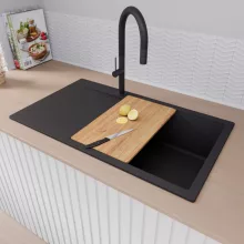 HD Onyx Black 86-XL egymedencés gránit mosogatótálca szett, csepegtetőtálcával, vágódeszkával, acél csepegtetőráccsal és kosárral, matt fekete színben, matt fekete leeresztő szifonnal