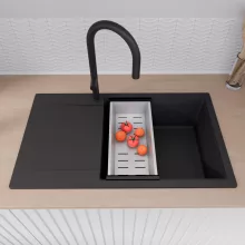 HD Onyx Black 86-XL egymedencés gránit mosogatótálca szett, csepegtetőtálcával, vágódeszkával, acél csepegtetőráccsal és kosárral, matt fekete színben, matt fekete leeresztő szifonnal