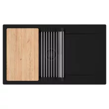 HD Onyx Black 86-XL egymedencés gránit mosogatótálca szett, csepegtetőtálcával, vágódeszkával, acél csepegtetőráccsal, matt fekete színben, matt fekete leeresztő szifonnal