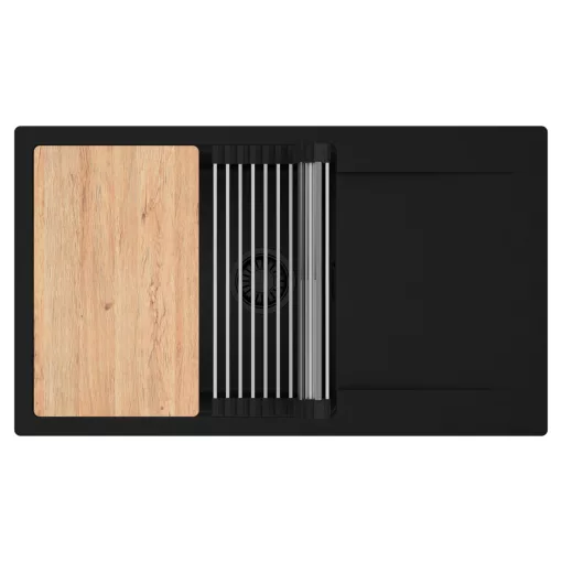 HD Onyx Black 86-XL egymedencés gránit mosogatótálca szett, csepegtetőtálcával, vágódeszkával, acél csepegtetőráccsal, matt fekete színben, matt fekete leeresztő szifonnal