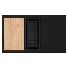 HD Onyx Black 86-XL egymedencés gránit mosogatótálca szett, csepegtetőtálcával, vágódeszkával, matt fekete csepegtetőkosárral, matt fekete színben, matt fekete leeresztő szifonnal