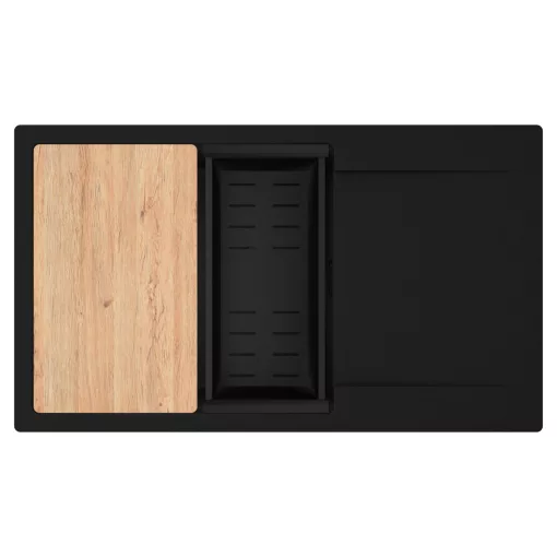 HD Onyx Black 86-XL egymedencés gránit mosogatótálca szett, csepegtetőtálcával, vágódeszkával, matt fekete csepegtetőkosárral, matt fekete színben, matt fekete leeresztő szifonnal