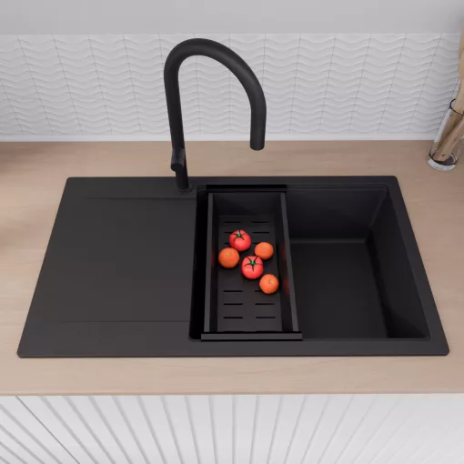 HD Onyx Black 86-XL egymedencés gránit mosogatótálca szett, csepegtetőtálcával, vágódeszkával, matt fekete csepegtetőkosárral, matt fekete színben, matt fekete leeresztő szifonnal