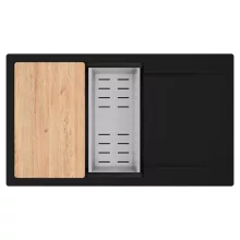 HD Onyx Black 86-XL egymedencés gránit mosogatótálca szett, csepegtetőtálcával, vágódeszkával, acél csepegtetőkosárral, matt fekete színben, matt fekete leeresztő szifonnal