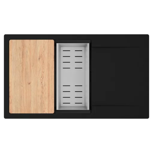 HD Onyx Black 86-XL egymedencés gránit mosogatótálca szett, csepegtetőtálcával, vágódeszkával, acél csepegtetőkosárral, matt fekete színben, matt fekete leeresztő szifonnal