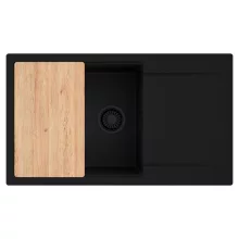 HD Onyx Black 86-XL egymedencés gránit mosogatótálca, vágódeszkával, matt fekete színben, matt fekete leeresztő szifonnal