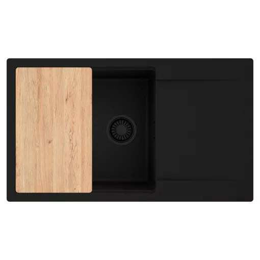 HD Onyx Black 86-XL egymedencés gránit mosogatótálca, vágódeszkával, matt fekete színben, matt fekete leeresztő szifonnal