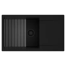 HD Onyx Black 86-XL egymedencés mosogatótálca szett, acél csepegtetőráccsal, csepegtetőtálcával, matt fekete színben, matt fekete leeresztő szifonnal