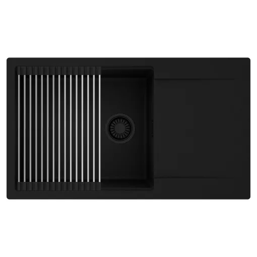 HD Onyx Black 86-XL egymedencés mosogatótálca szett, acél csepegtetőráccsal, csepegtetőtálcával, matt fekete színben, matt fekete leeresztő szifonnal