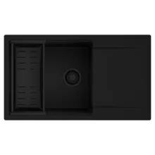 HD Onyx Black 86-XL egymedencés mosogatótálca szett, matt fekete csepegtetőkosárral, csepegtetőtálcával, matt fekete színben, matt fekete leeresztő szifonnal