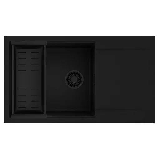 HD Onyx Black 86-XL egymedencés mosogatótálca szett, matt fekete csepegtetőkosárral, csepegtetőtálcával, matt fekete színben, matt fekete leeresztő szifonnal