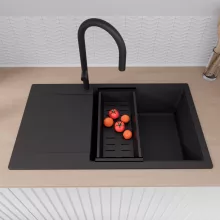 HD Onyx Black 86-XL egymedencés mosogatótálca szett, matt fekete csepegtetőkosárral, csepegtetőtálcával, matt fekete színben, matt fekete leeresztő szifonnal