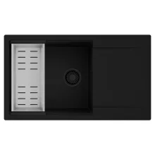 HD Onyx Black 86-XL egymedencés mosogatótálca szett, acél csepegtetőkosárral, csepegtetőtálcával, matt fekete színben, matt fekete leeresztő szifonnal