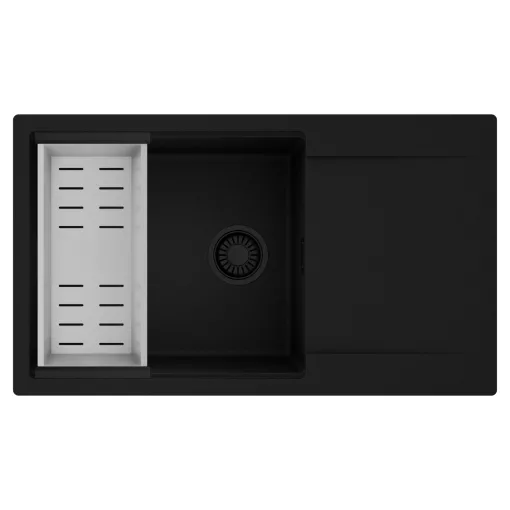 HD Onyx Black 86-XL egymedencés mosogatótálca szett, acél csepegtetőkosárral, csepegtetőtálcával, matt fekete színben, matt fekete leeresztő szifonnal