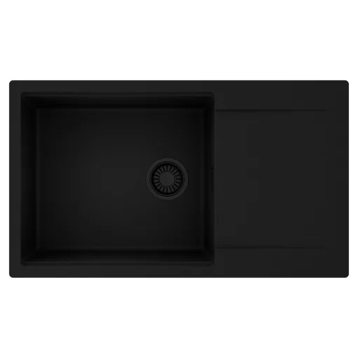 HD Onyx Black 86-XL egymedencés mosogatótálca, csepegtetőtálcával, matt fekete színben, matt fekete leeresztő szifonnal