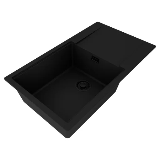 HD Onyx Black 86-XL egymedencés mosogatótálca, csepegtetőtálcával, matt fekete színben, matt fekete leeresztő szifonnal