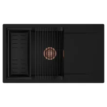 HD Onyx Black 86-XL egymedencés mosogatótálca szett, matt fekete csepegtetőráccsal és kosárral, csepegtetőtálcával, matt fekete színben, szálcsiszolt réz leeresztő szifonnal