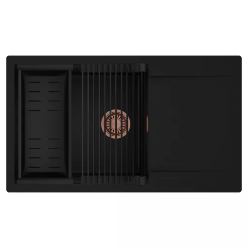 HD Onyx Black 86-XL egymedencés mosogatótálca szett, matt fekete csepegtetőráccsal és kosárral, csepegtetőtálcával, matt fekete színben, szálcsiszolt réz leeresztő szifonnal