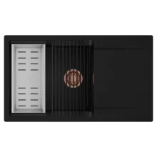 HD Onyx Black 86-XL egymedencés mosogatótálca szett, matt fekete csepegtetőráccsal és krómozott kosárral, csepegtetőtálcával, matt fekete színben, szálcsiszolt réz leeresztő szifonnal