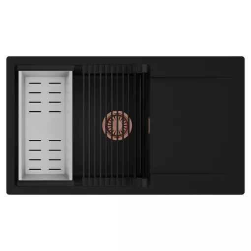 HD Onyx Black 86-XL egymedencés mosogatótálca szett, matt fekete csepegtetőráccsal és krómozott kosárral, csepegtetőtálcával, matt fekete színben, szálcsiszolt réz leeresztő szifonnal