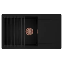 HD Onyx Black 86-XL egymedencés mosogatótálca szett, matt fekete csepegtetőráccsal, csepegtetőtálcával, matt fekete színben, szálcsiszolt réz leeresztő szifonnal