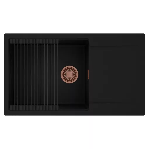 HD Onyx Black 86-XL egymedencés mosogatótálca szett, matt fekete csepegtetőráccsal, csepegtetőtálcával, matt fekete színben, szálcsiszolt réz leeresztő szifonnal