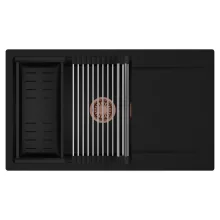 HD Onyx Black 86-XL egymedencés mosogatótálca szett, acél csepegtetőráccsal és matt fekete kosárral, csepegtetőtálcával, matt fekete színben, szálcsiszolt réz leeresztő szifonnal