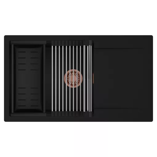 HD Onyx Black 86-XL egymedencés mosogatótálca szett, acél csepegtetőráccsal és matt fekete kosárral, csepegtetőtálcával, matt fekete színben, szálcsiszolt réz leeresztő szifonnal