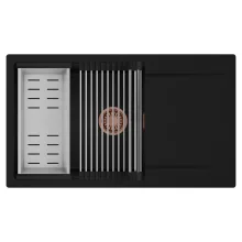 HD Onyx Black 86-XL egymedencés mosogatótálca szett, acél csepegtetőráccsal és kosárral, csepegtetőtálcával, matt fekete színben, szálcsiszolt réz leeresztő szifonnal